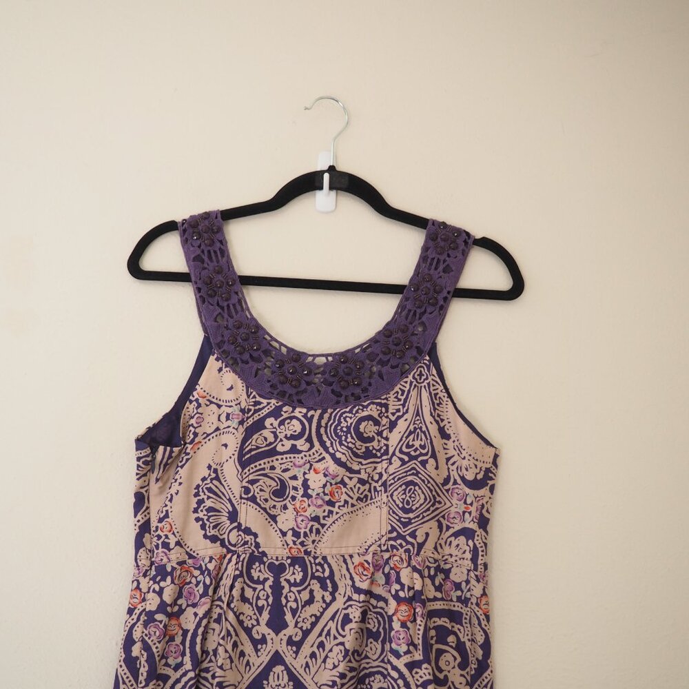 !! Free People Purple Folklore Paisley Sleeveless Dress w/ Jewel Trim sz 6 - Picture 9 of 9